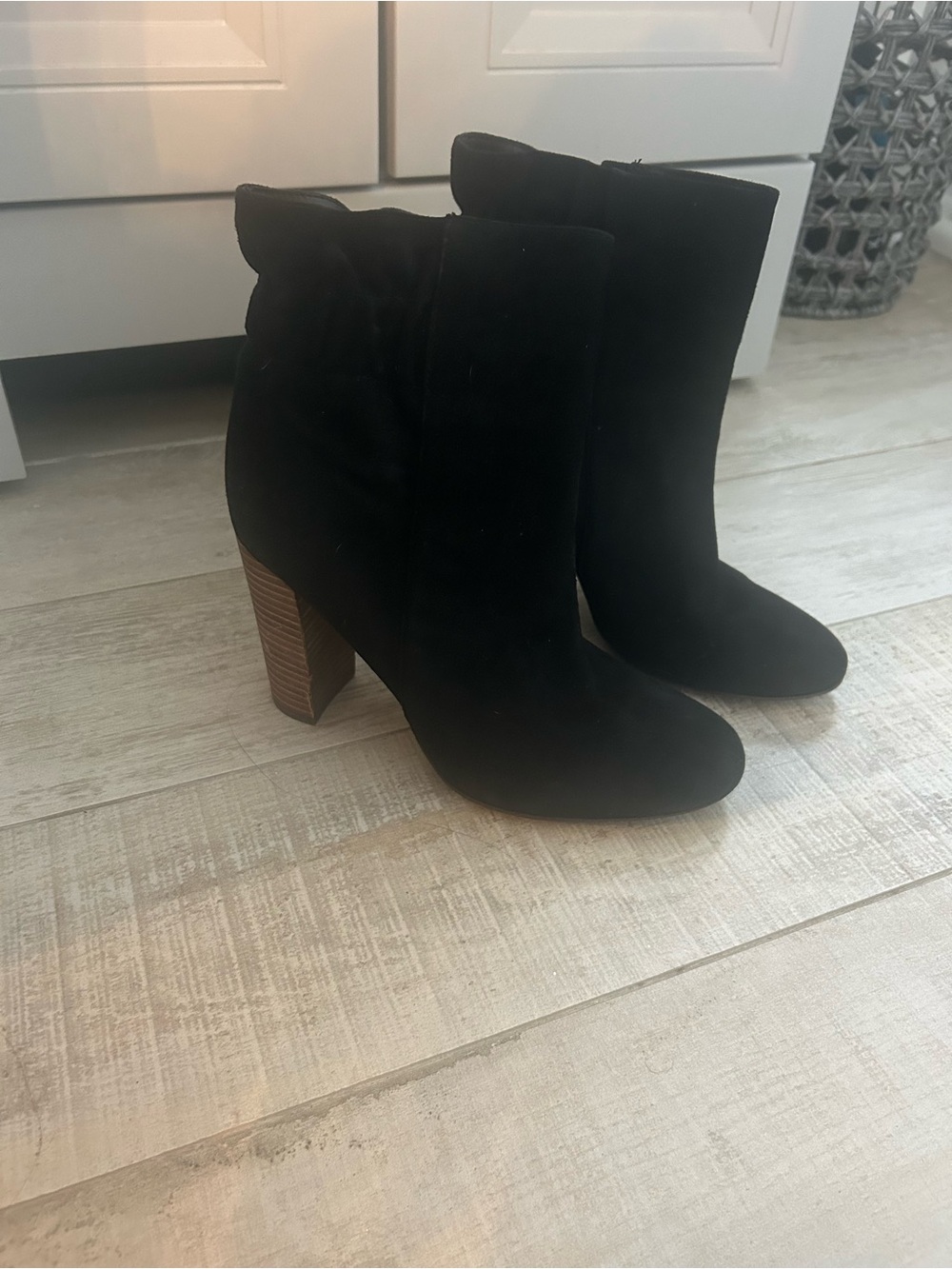Women's Black Suede Ankle Boots with Stacked Heel